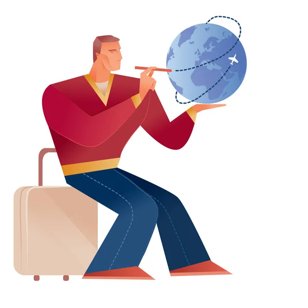Hombre en un suéter rojo sentado en una maleta y sosteniendo un globo alrededor del cual el avión está volando, objeto aislado sobre un fondo blanco , — Archivo Imágenes Vectoriales