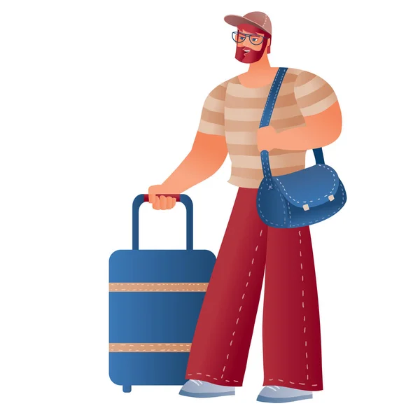 Mężczyzna w czapce z walizką na kółkach i torbą na wyjazd, odizolowany obiekt na białym tle — Wektor stockowy