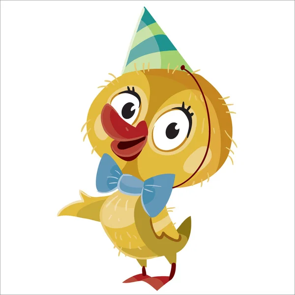 Lindo patito en sombrero de fiesta, infancia, vacaciones, diversión, objeto aislado sobre un fondo blanco , — Archivo Imágenes Vectoriales