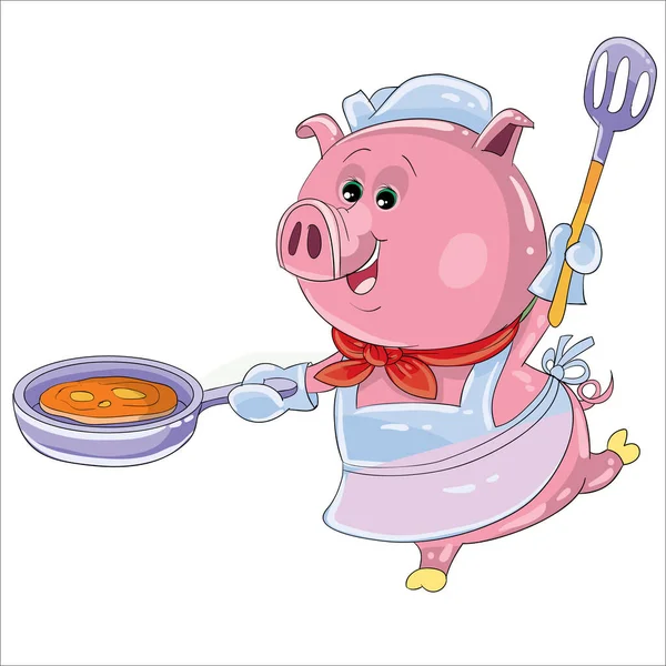 Un cerdo como cocinero prepara la comida en una sartén y baila, objeto aislado sobre un fondo blanco — Vector de stock