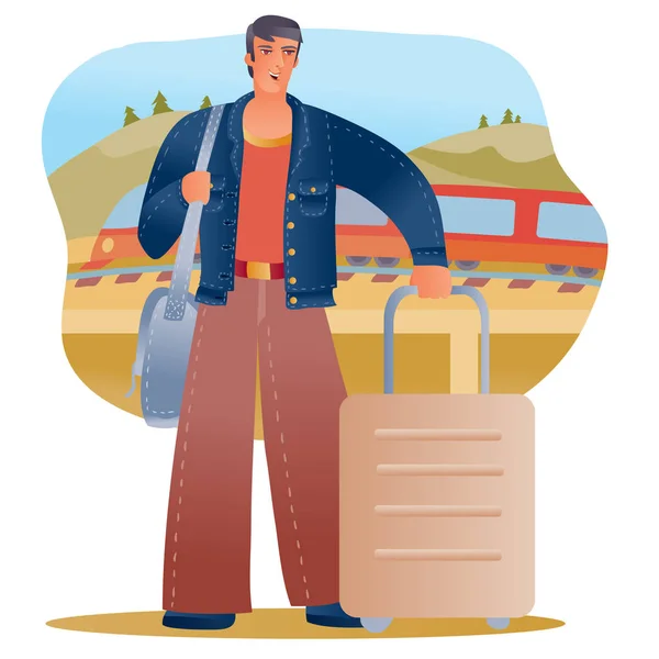 Turista hombre con una gran maleta y una bolsa de viaje en el hombro se encuentra en el fondo de un tren que pasa, vector de ilustración — Archivo Imágenes Vectoriales