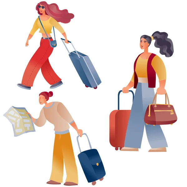 Komplet kobiet z walizkami podróżującymi lub wracającymi do domu, odizolowany obiekt na białym tle, — Wektor stockowy