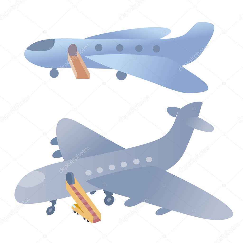 two passenger airplanes with ramps stand on a white background,