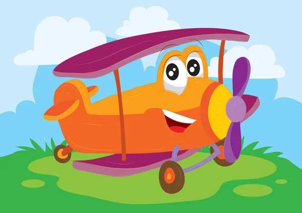 Funny airplane character with big eyes in red stands in a green meadow under a blue sky, — Stock Vector
