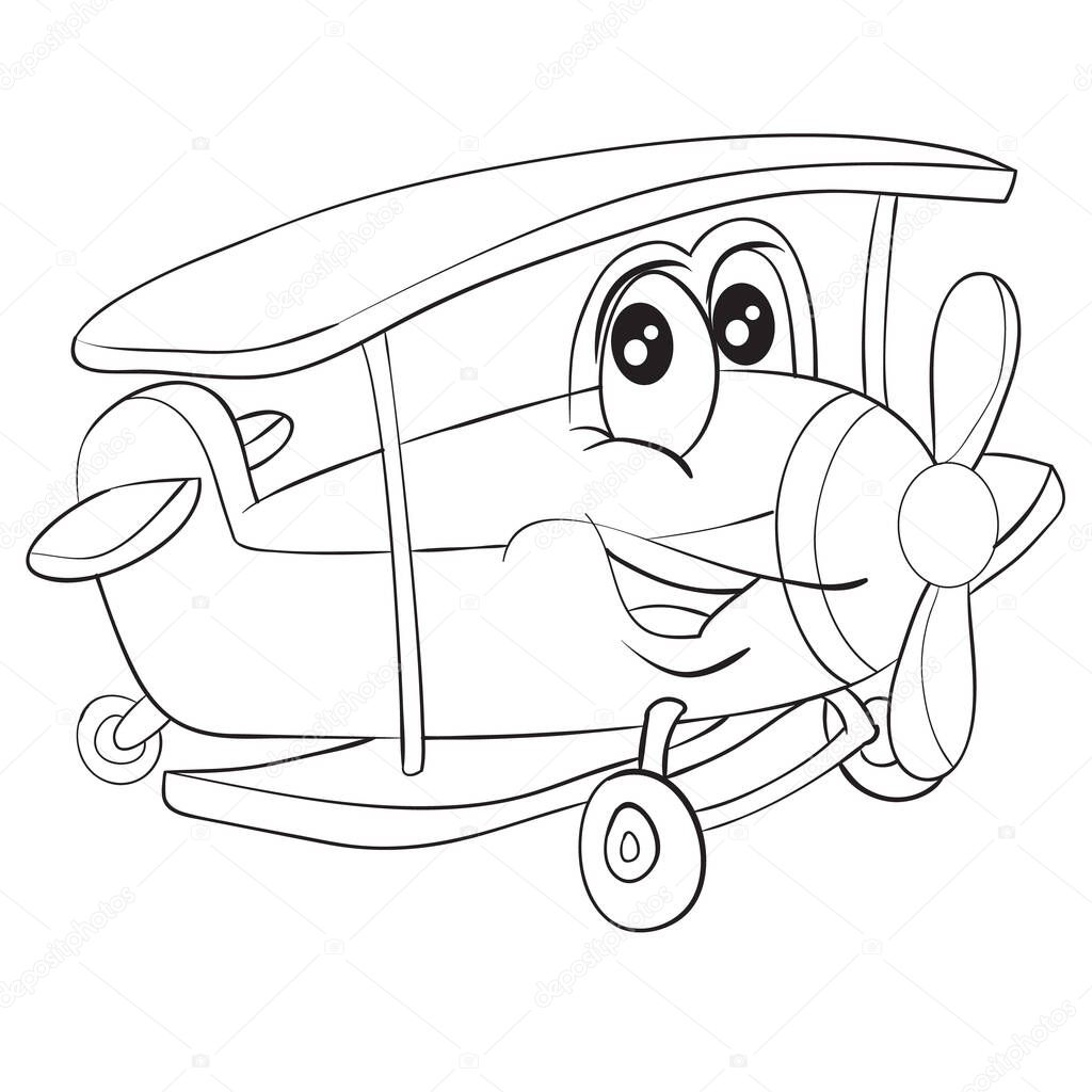 funny airplane character with big eyes in a black outline for coloring, isolated object on a white background,