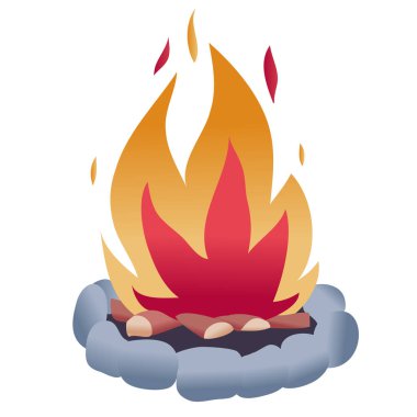 Taşlarla kaplı büyük şenlik ateşi beyaz arka planda parlak ve izole bir nesne yakar.