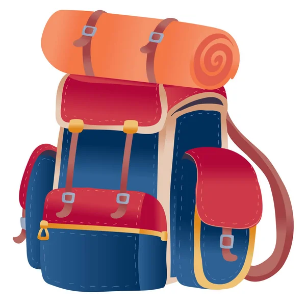 Großer Rucksack in roten und blauen Farben zum Wandern und Reisen komplett zusammengebaut und bereit für das, was man mitnehmen würde, isoliertes Objekt auf weißem Hintergrund — Stockvektor