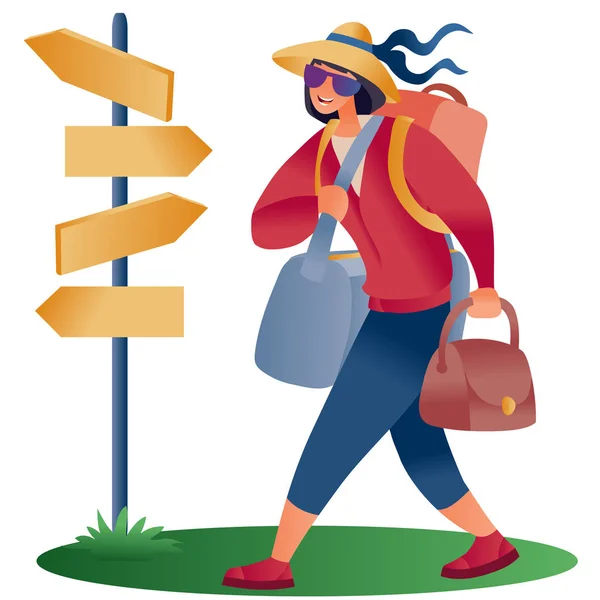 Kvinna med ryggsäck och väskor i en hatt steg i stora steg förbi ett inlägg med pekare, separata lager, — Stock vektor