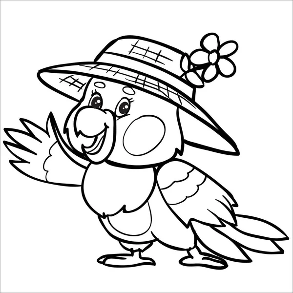 Charakter papouška v klobouku je nakreslen v obrysu, izolovaný objekt na bílém pozadí, — Stockový vektor