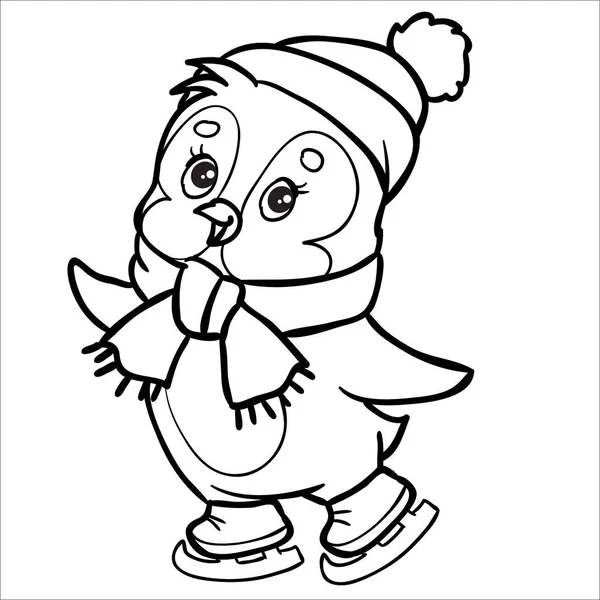Pingvin karaktär gjord i kontur skridskor bär hatt och halsduk, isolerade föremål på en vit bakgrund, — Stock vektor
