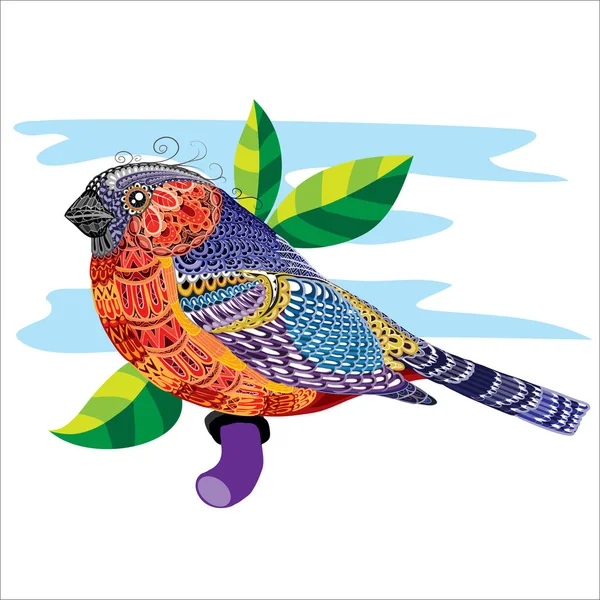 Uccello dipinto con piccoli motivi seduto su un ramo a colori, oggetto isolato su sfondo bianco , — Vettoriale Stock