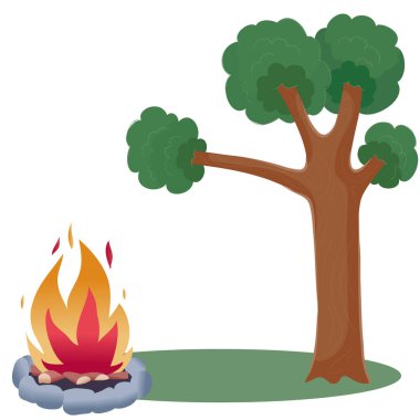 Büyük bir ağacın yanında yakılmış taşlarla dolu bir şenlik ateşi, kamp.,