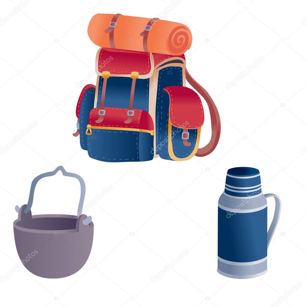 set for hiking from a backpack and a thermos, an isolated object on a white background,