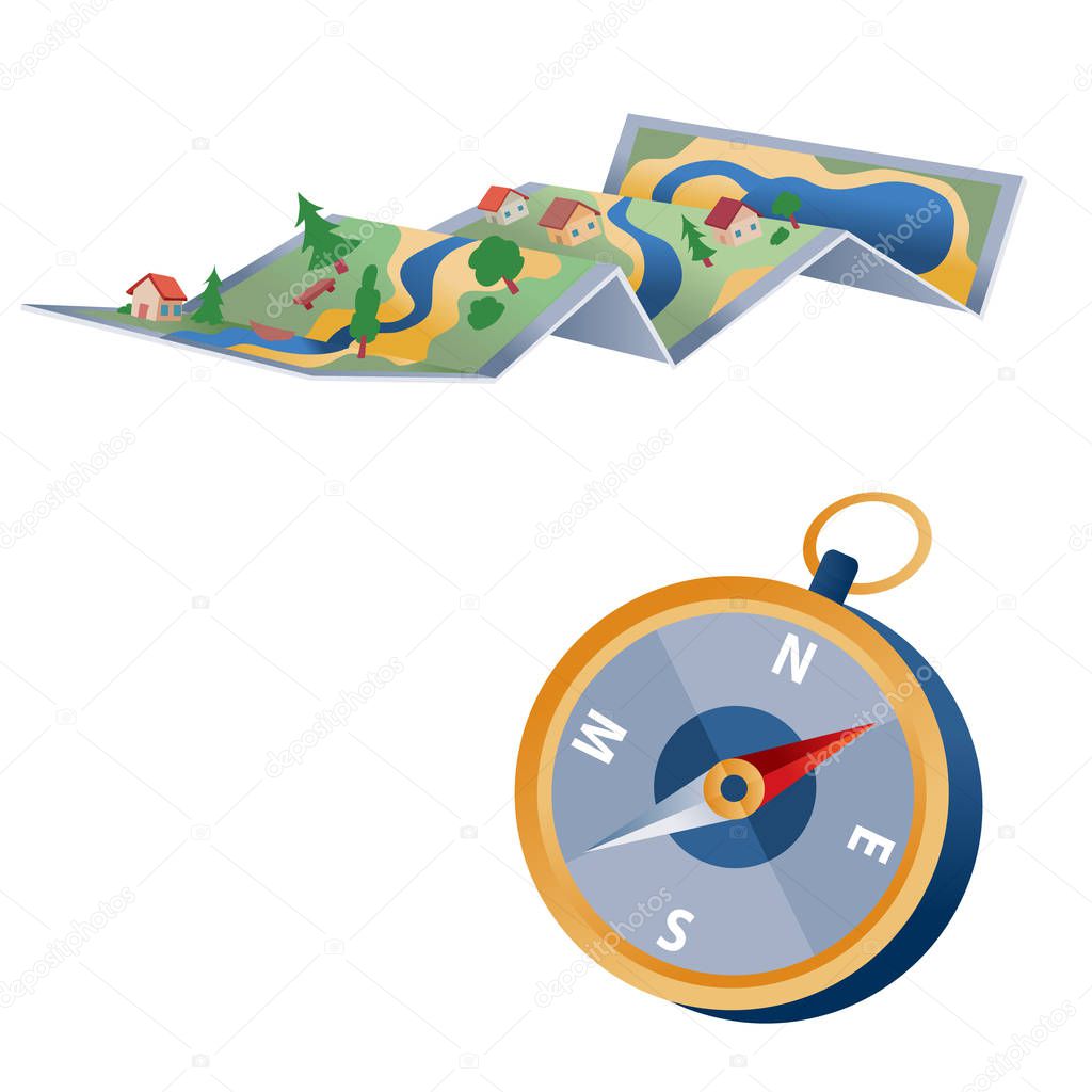 set of map and compass for travel, isolated object on a white background, separate layer,