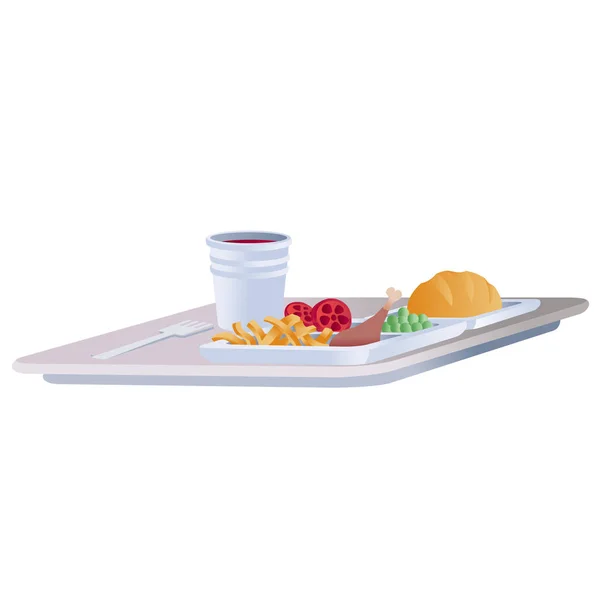 Food is standing on a tray for an airplane, isolated object on a white background, — 스톡 벡터