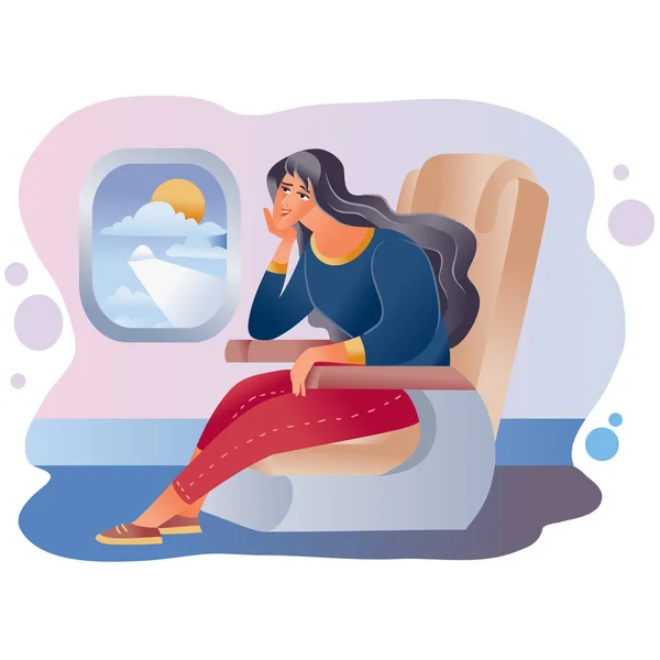 Kadın uçağın kabininde oturuyor ve pencereye bakıyor. Orada uçağın kanadını ve bulutlu güneşi görebilirsiniz., — Stok Vektör