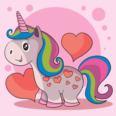 Çok renkli yelesi ve kırmızı kalplerin arka planında pembe bir geçmişi olan şirin tek boynuzlu at. Sevgililer Günü için güzel bir hediye.