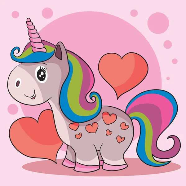 可爱的独角兽，有多种颜色的鬃毛，红心的背景，粉红的背景，是情人节的好礼物 — 图库矢量图片