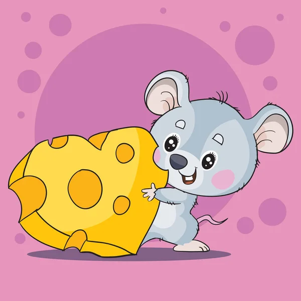 Roztomilý šedá myš znak drží v tlapách kus sýra ve tvaru srdce, láska, dovolená, — Stockový vektor