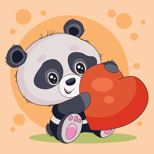 可爱的小熊猫在它的爪子上挂着一颗大大的红心，想把它送给它度假, — 图库矢量图片