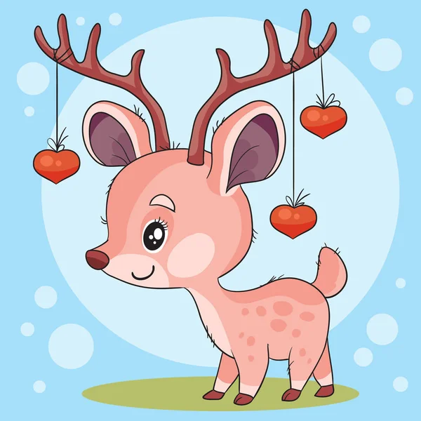 Cute character of a small deer whose horns are decorated with small red hearts on a rope, holiday illustration, — 스톡 벡터