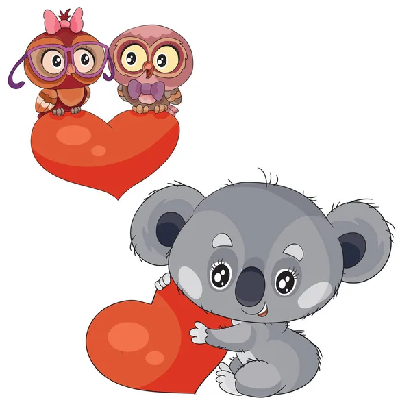 Set of koalas with hearts and owls sitting on a heart, isolated object on a white background, — 스톡 벡터