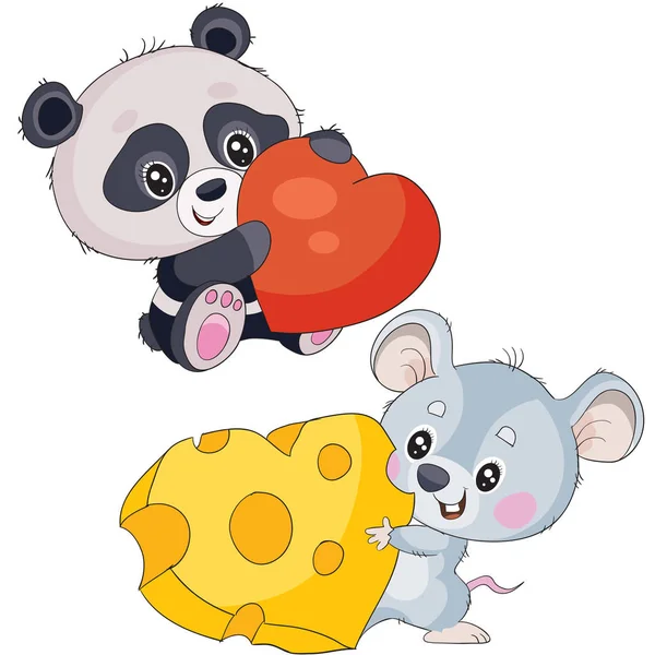 一群大熊猫手里拿着一颗心，一只老鼠手里拿着一块心形奶酪，白色背景上的孤立物体, — 图库矢量图片