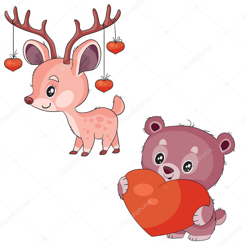 set of cute bear with heart and deer whose horns are decorated with hearts, isolated object on white background,