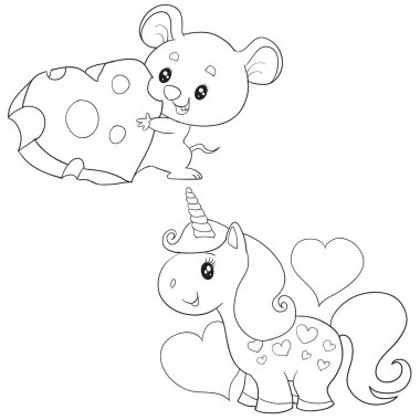 Büyük bir kalbi ve tek boynuzlu bir atı olan beyaz arkaplanda izole edilmiş bir nesnenin ana hatları.,