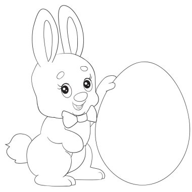 Büyük bir paskalya yumurtasının yanında oturan sevimli tavşan, dış hatlı, izole bir nesne.,