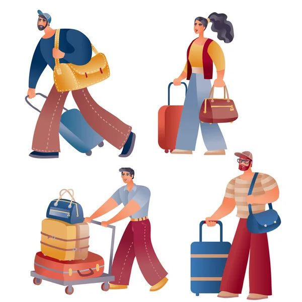 Conjunto de personas que viajan o regresan a casa con bolsas y maletas, objeto aislado sobre un fondo blanco, v — Archivo Imágenes Vectoriales