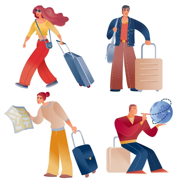 Set van mensen die reizen of terug naar huis gaan met tassen en koffers, geïsoleerd object op een witte achtergrond, v — Stockvector