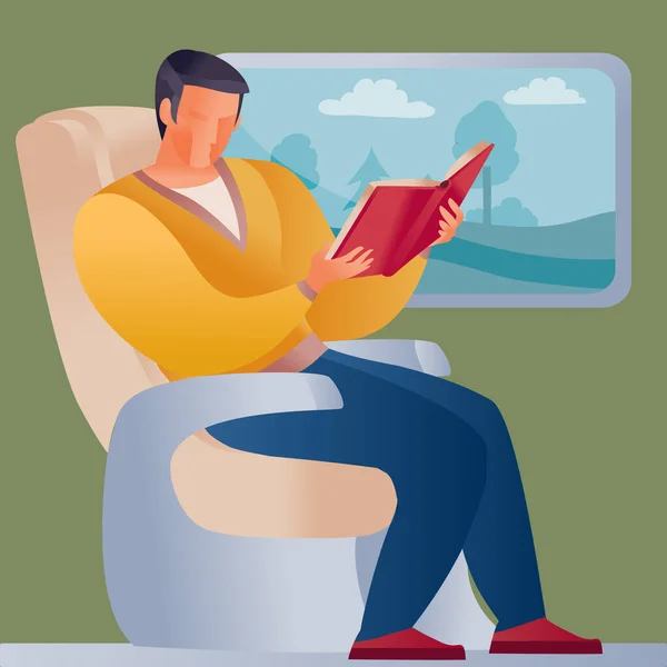 Hombre viajando en tren o yendo a una reunión de negocios, el paisaje es visible en la ventana y está leyendo un libro rojo , — Archivo Imágenes Vectoriales