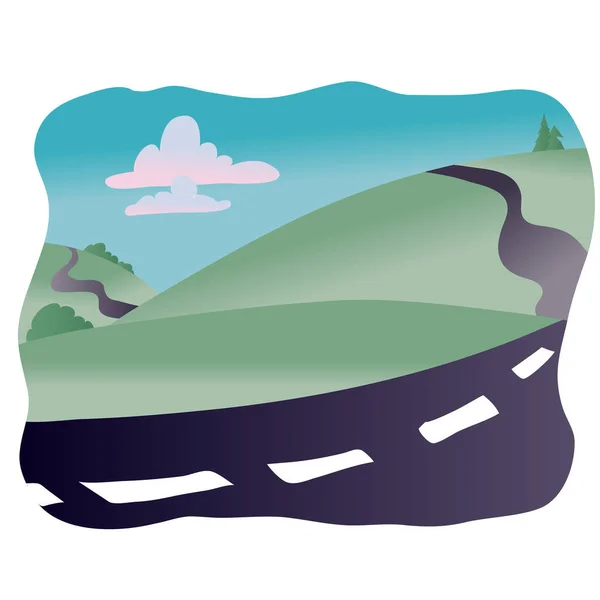 Paysage avec arbres verts, herbe, ciel bleu et route pour les voitures , — Image vectorielle