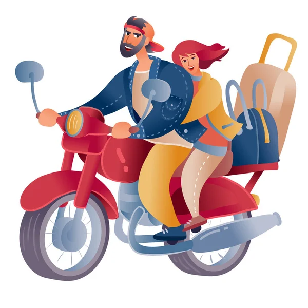 En motorcykel rider där en man och en kvinna sitter som reser, på en motorcykel en hel del bagage från väskor och resväskor, isolerade föremål på en vit bakgrund, — Stock vektor