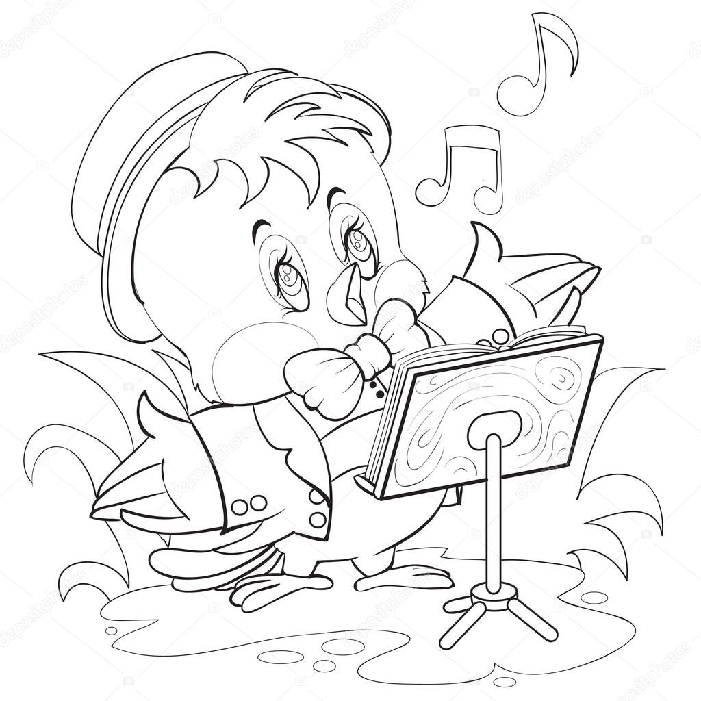 cute bird character stands with wings spread wide in front of a music stand and sings, a hat and a butterfly are put on a bird, drawing in contour,