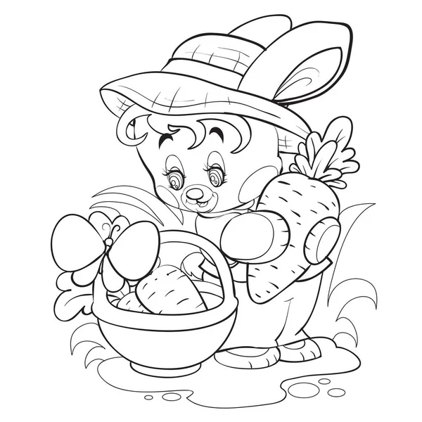 Mignon lapin dans un chapeau recueille des carottes dans son panier parmi l'herbe, dessin contour , — Image vectorielle
