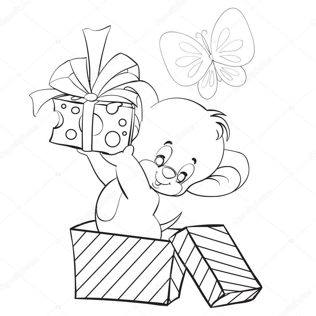 little mouse stands in a big box and joyfully holds a small box with a surprise on outstretched hands, outline drawing,