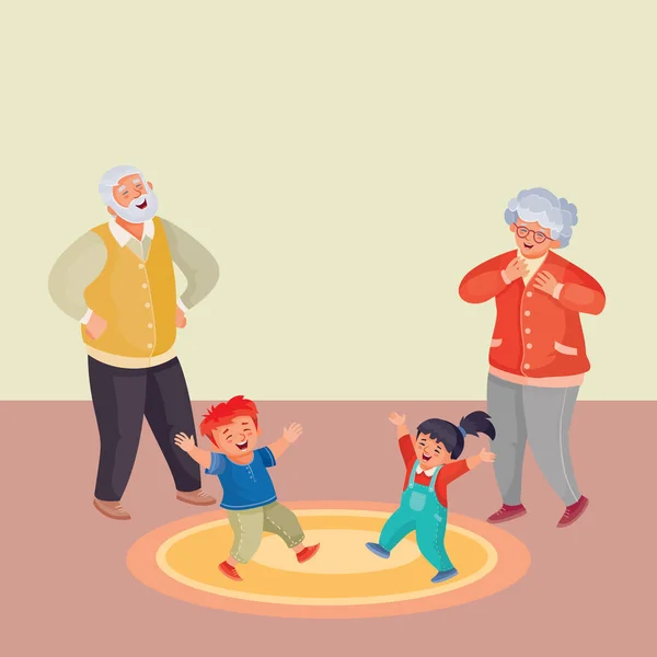 Prarodiče tanec se svými vnoučaty dívka a chlapec, — Stockový vektor
