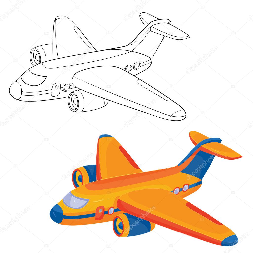airplane in color and in the contour for flying toys, isolated object on a white background,