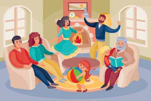 Une famille s'est rassemblée dans une grande pièce avec une cheminée et de grandes fenêtres, les parents sont assis sur un canapé, grand-père est assis avec son petit-fils et lui lire un livre, oncle et tante parlent — Image vectorielle
