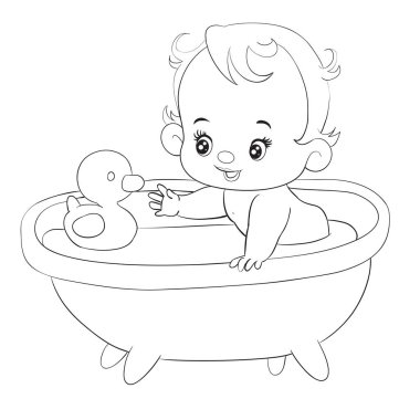 little baby bathes in a bathtub with a rubber duck, isolated object on a white background, outline drawing,