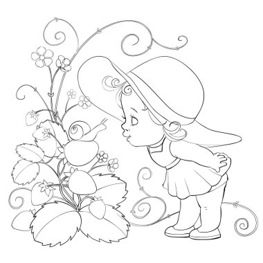 little girl in a big hat leaned over a big strawberry bushes and sniffs flowers, outline drawing, isolated object on a white background,