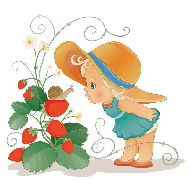 Little girl in a big hat leaned over a big strawberry bushes and sniffs flowers, isolated object on a white background, — Stock Vector