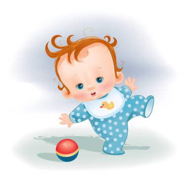 little child in a blue suit plays with the ball, tries to kick the ball, clumsy,