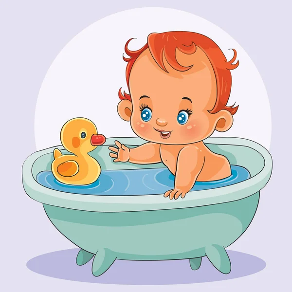 Kleines Baby badet in einer Badewanne mit einer Gummiente, isolierter Gegenstand auf weißem Hintergrund, — Stockvektor