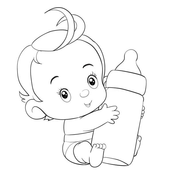 Little child with red hair and in a deep diaper holds a large bottle in small pens, vector clip art, isolated object on white background, — Stock Vector