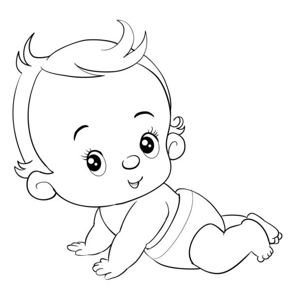 Little baby in a diaper crawls and enjoys life, outline drawing, isolated object on a white background, — Stock Vector