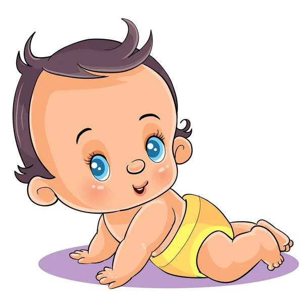 Pequeno bebê em uma fralda amarela e com olhos azuis rasteja e gosta de vida , — Vetor de Stock