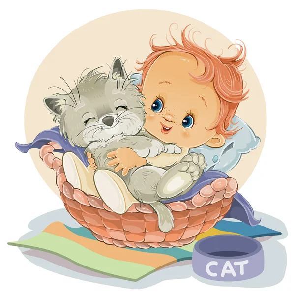 Ittle boy s'assoit dans un panier et étreint son chaton, à côté d'une stot dans un bol pour la nourriture , — Image vectorielle